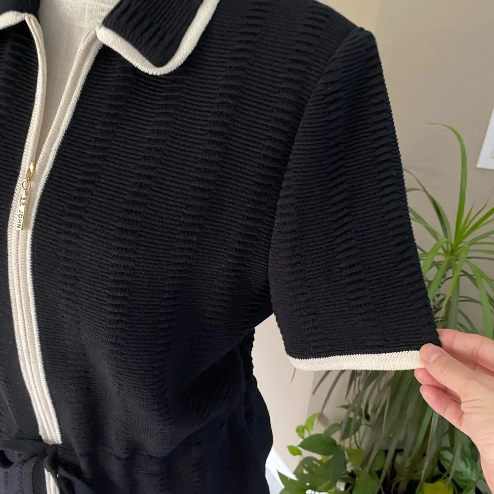 St. John 6/10 Skirt Suit Jacket Ribbed Knit Wool Tie Front Short Sleeve Zip